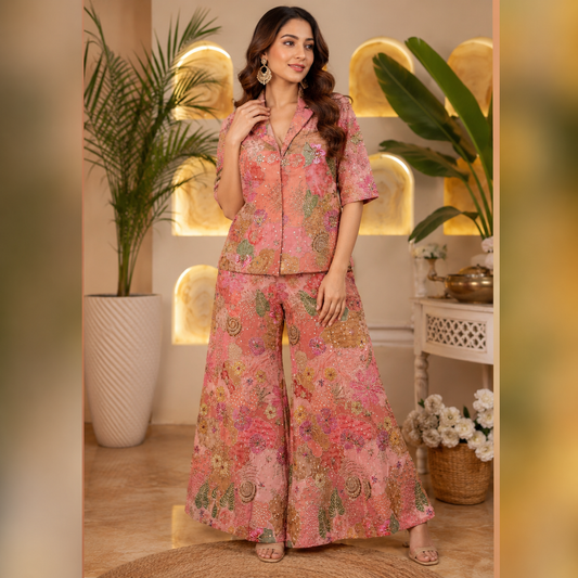 Peach Floral Handwork Co-Ord Set