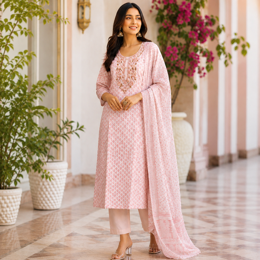 Embroidered Premium Cotton Kurti 3-Piece Set