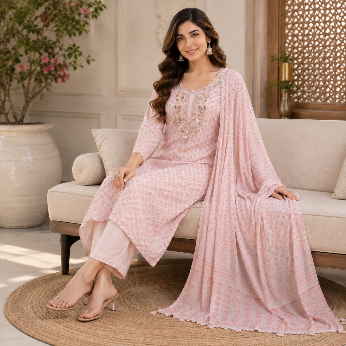 Embroidered Premium Cotton Kurti 3-Piece Set