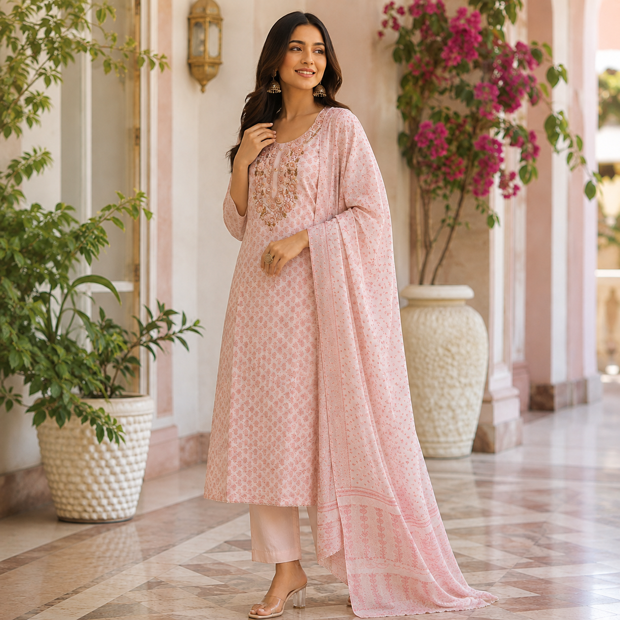 Embroidered Premium Cotton Kurti 3-Piece Set