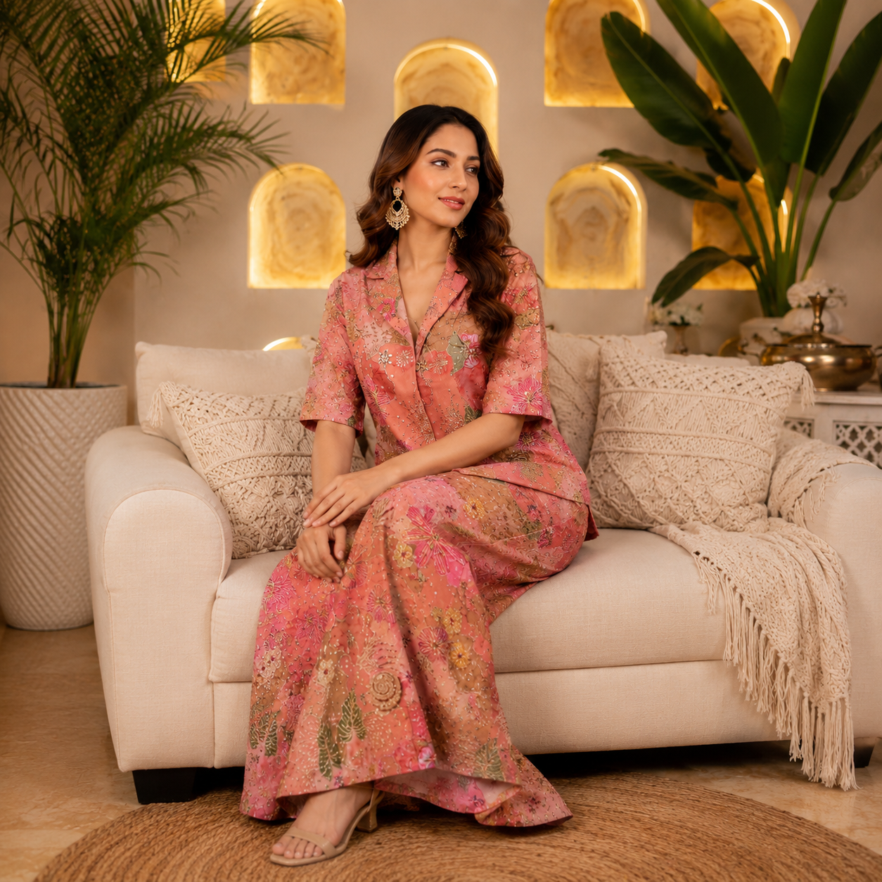 Peach Floral Handwork Co-Ord Set