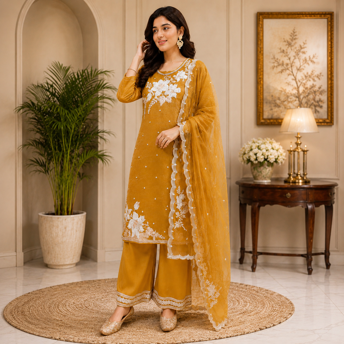 Mustard Tissue Handwork Suit Set