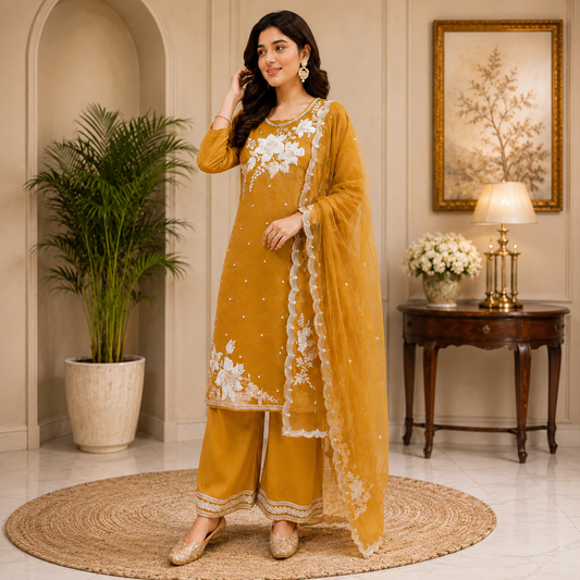 Mustard Tissue Handwork Suit Set