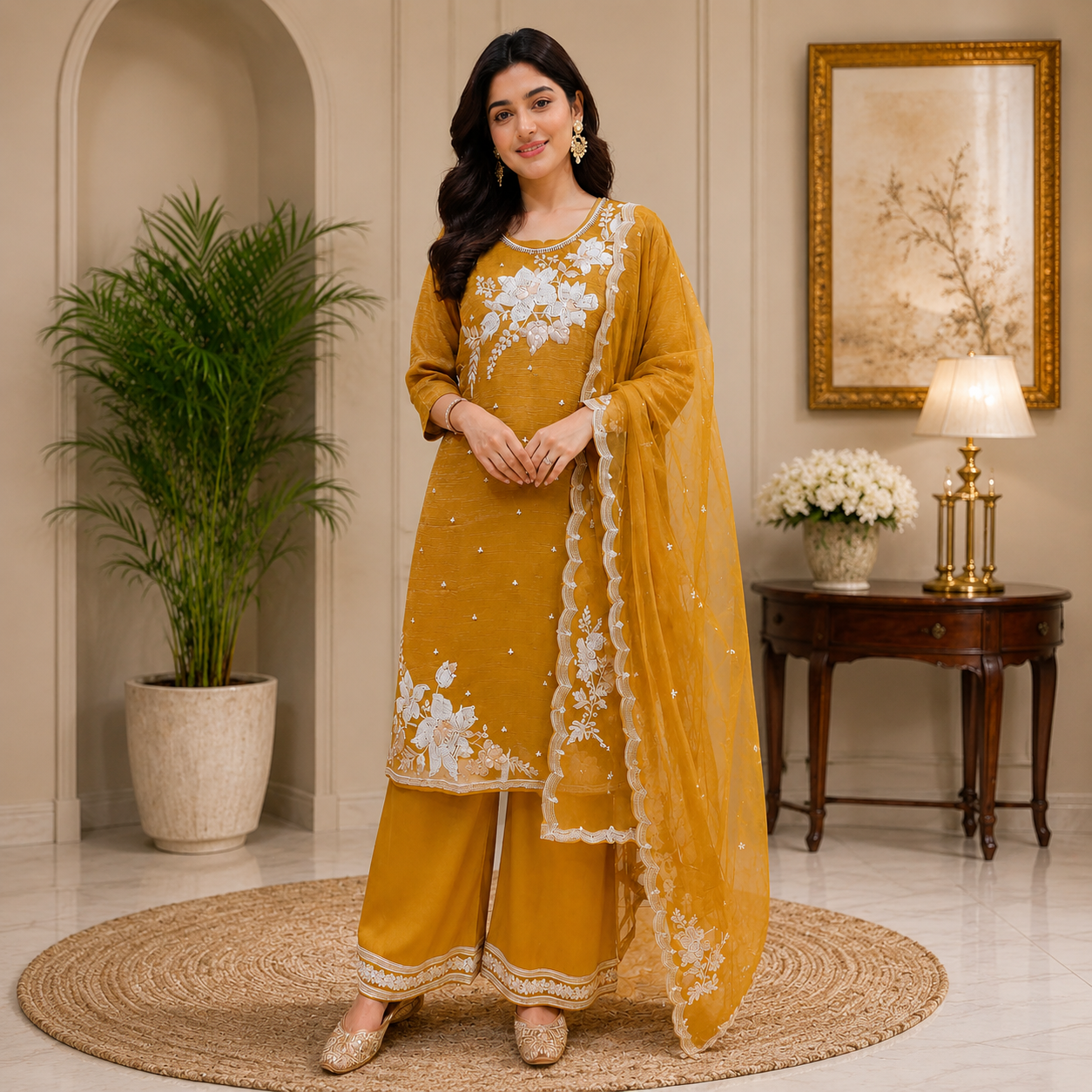 Mustard Tissue Handwork Suit Set