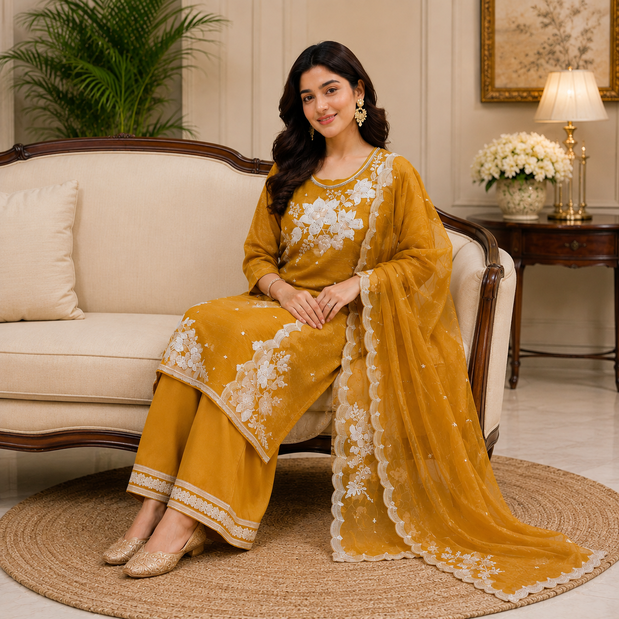Mustard Tissue Handwork Suit Set