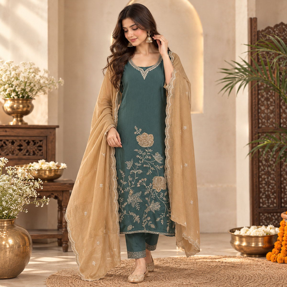 Teal Green Embroidered Suit Set