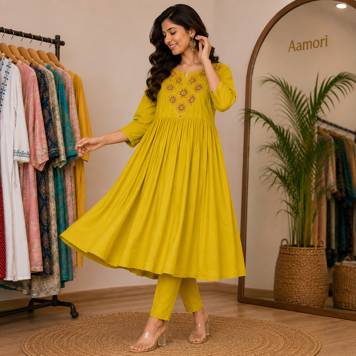 Mustard Embroidered Flared Cotton Kurti Pant