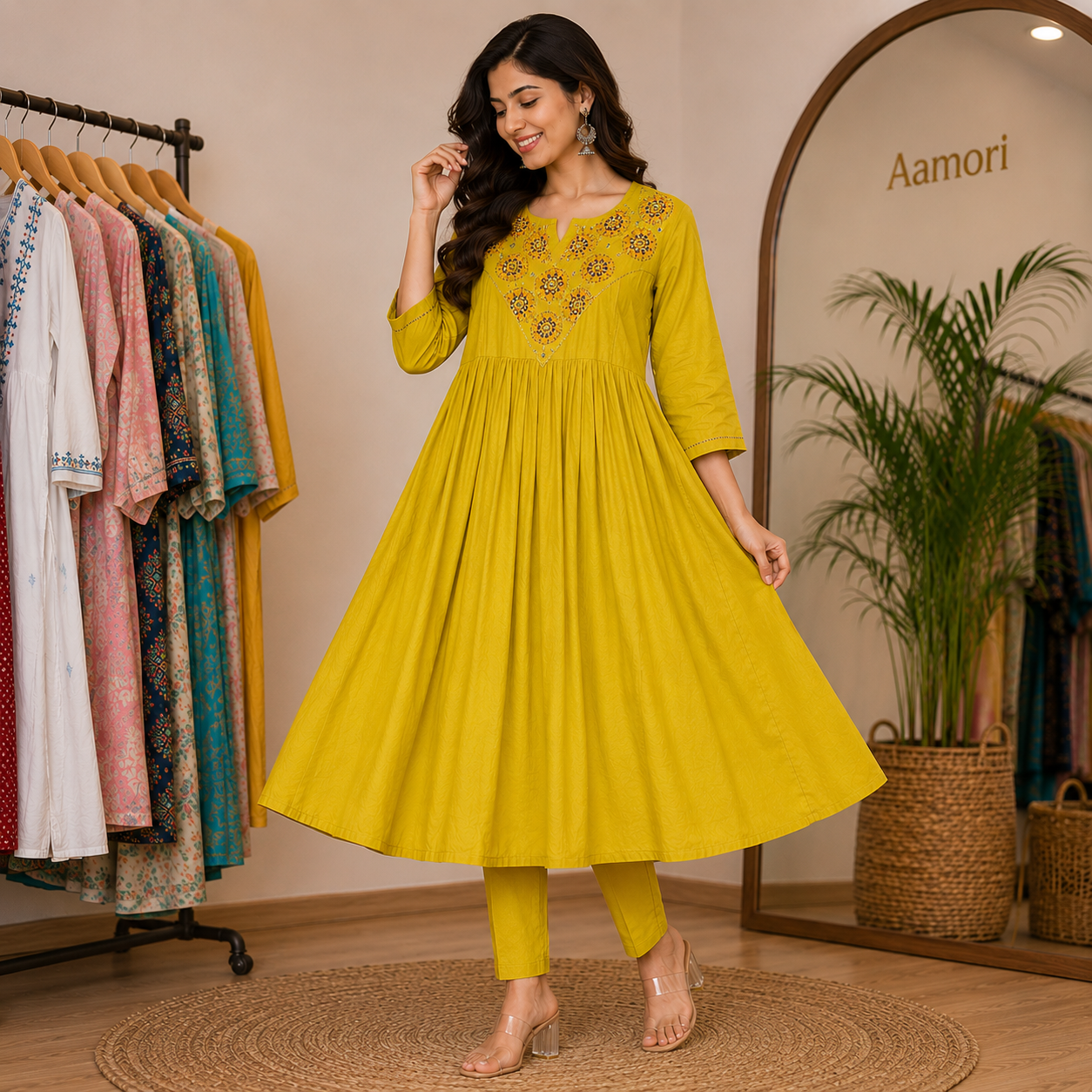 Mustard Embroidered Flared Cotton Kurti Pant