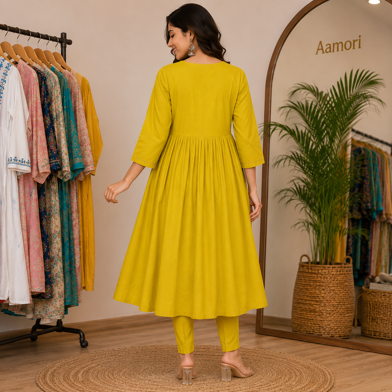 Mustard Embroidered Flared Cotton Kurti Pant