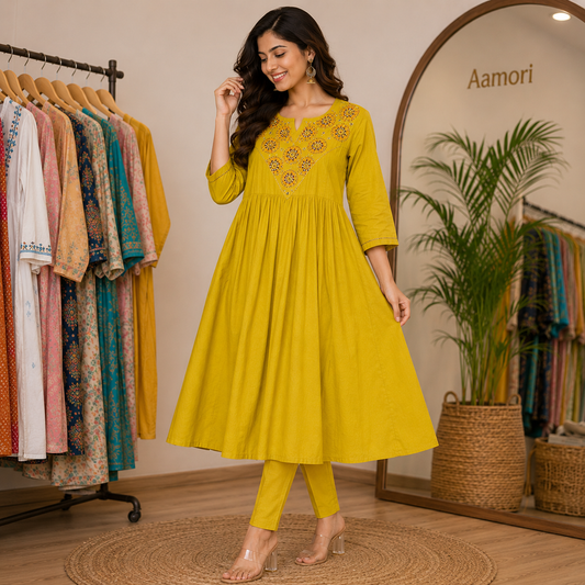 Mustard Embroidered Flared Cotton Kurti Pant