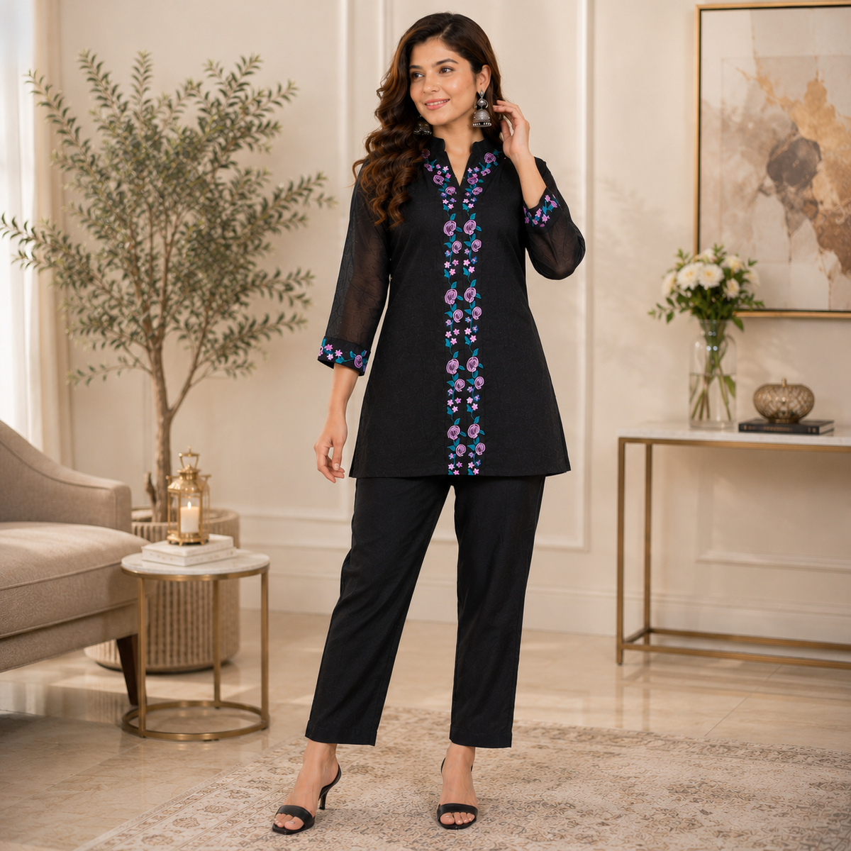 Midnight Bloom Embroidered Co-Ord Set