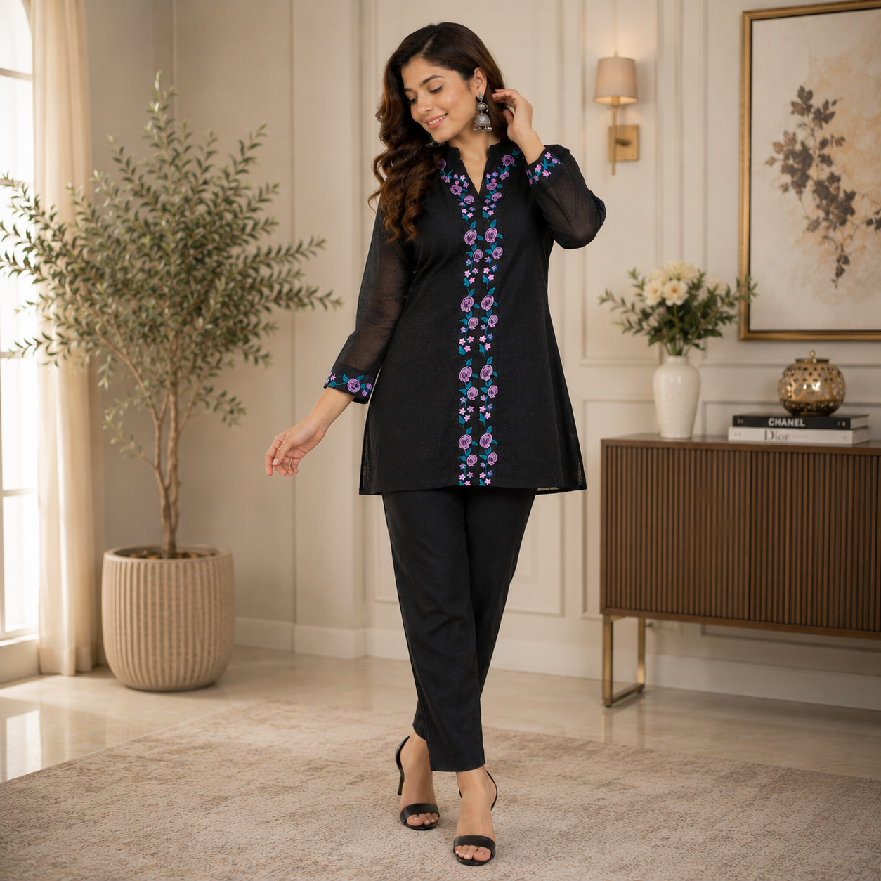 Midnight Bloom Embroidered Co-Ord Set