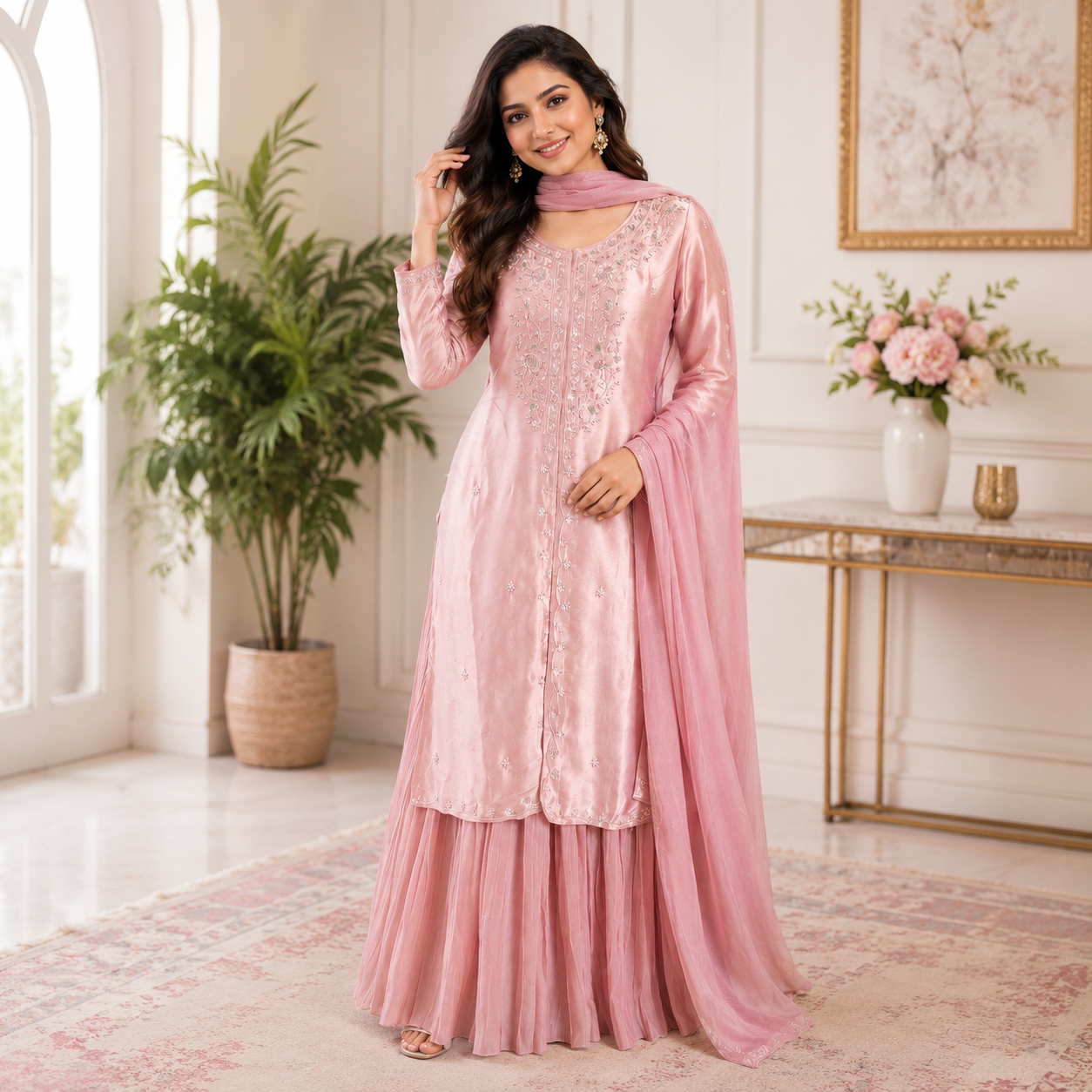 Premium Pink Embroidered Silk Kurta & Sharara Set