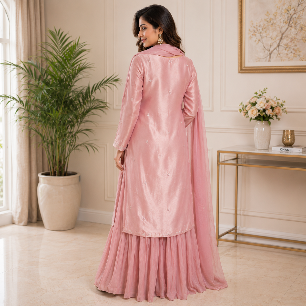 Premium Pink Embroidered Silk Kurta & Sharara Set