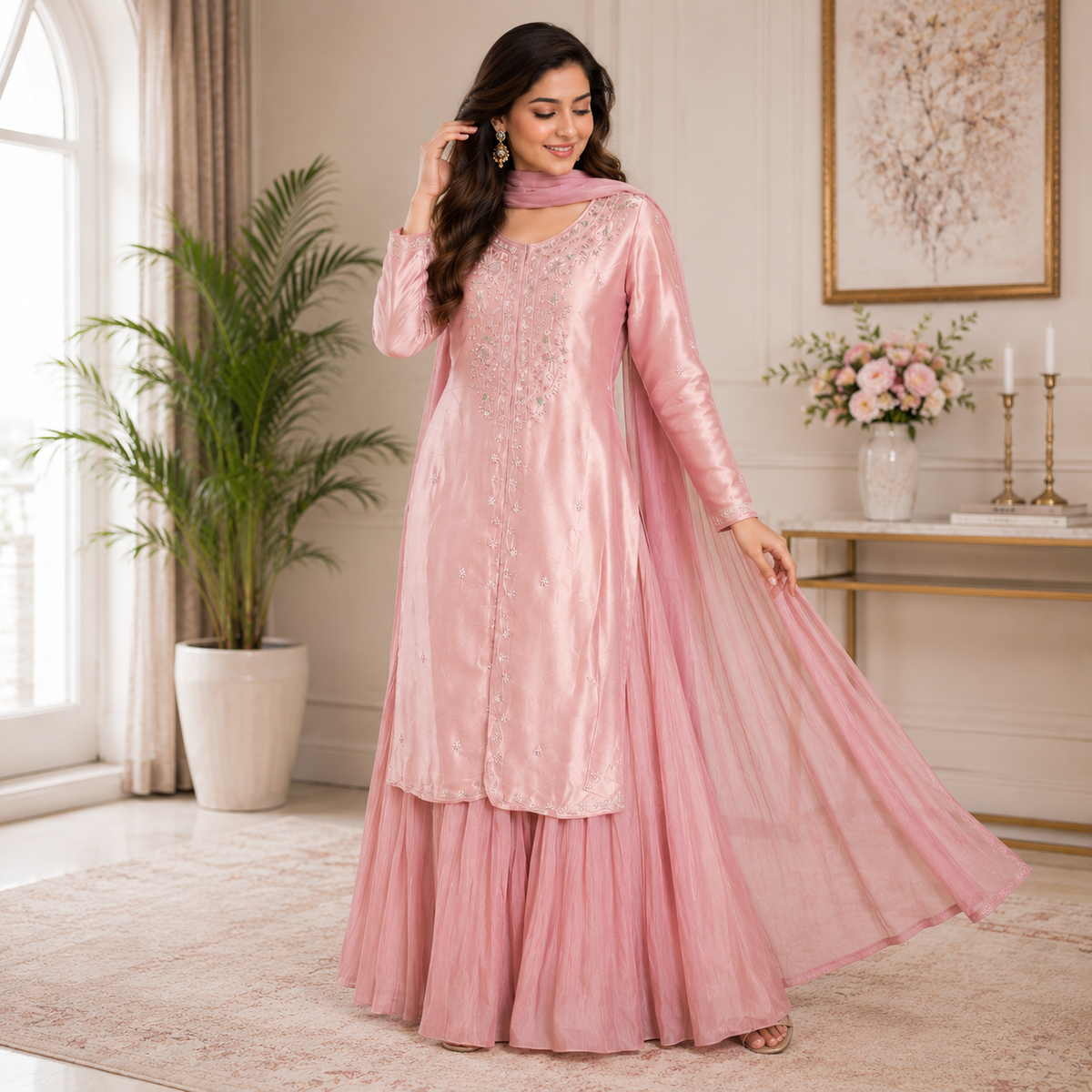 Premium Pink Embroidered Silk Kurta & Sharara Set
