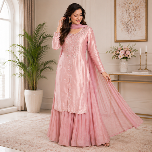 Premium Pink Embroidered Silk Kurta & Sharara Set