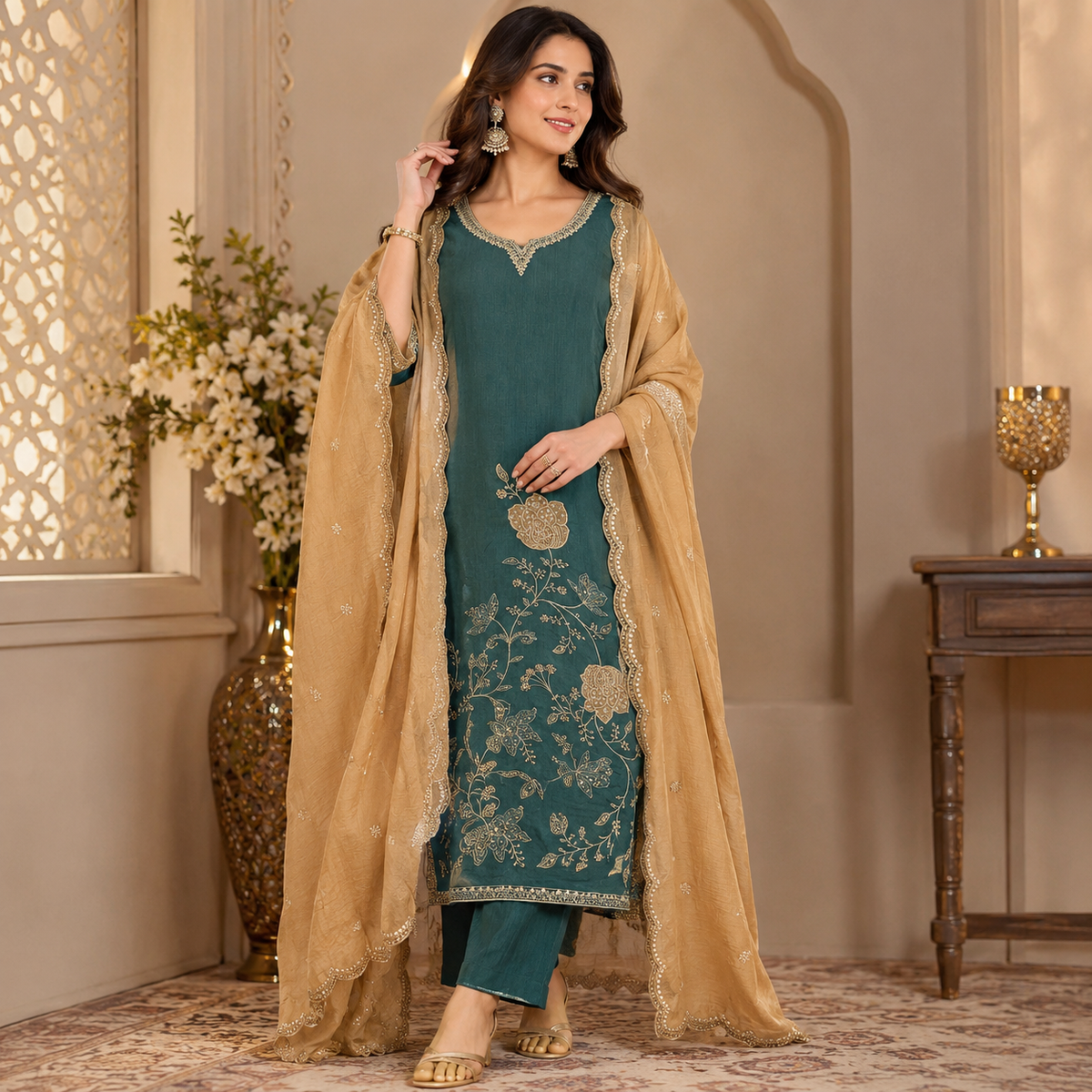 Teal Green Embroidered Suit Set