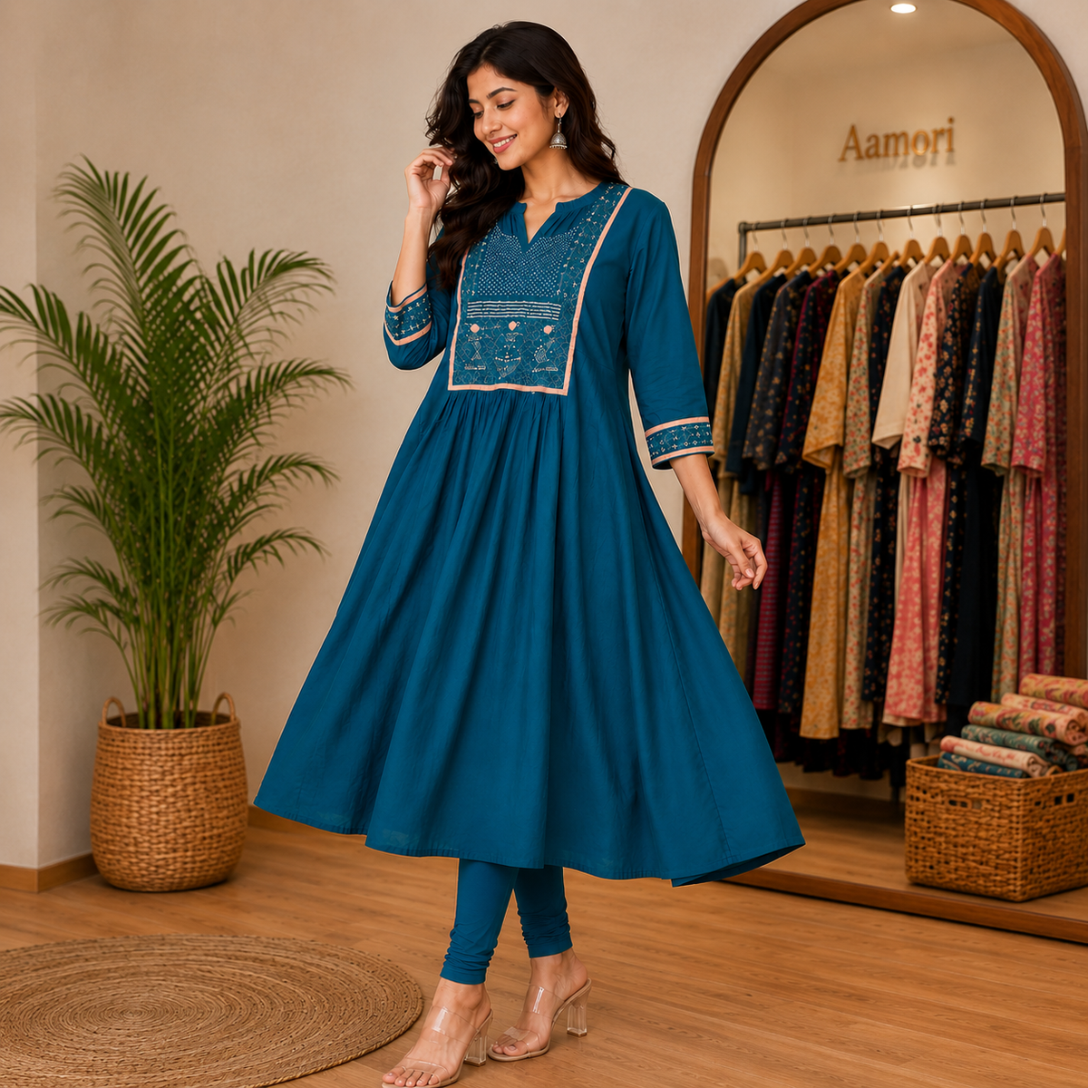 Aamori Noor Teal Embroidered Flared Kurti