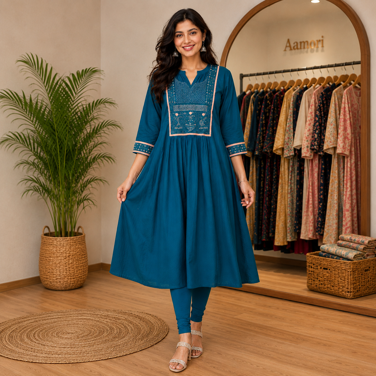 Aamori Noor Teal Embroidered Flared Kurti