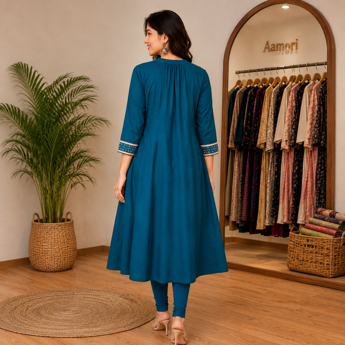 Aamori Noor Teal Embroidered Flared Kurti
