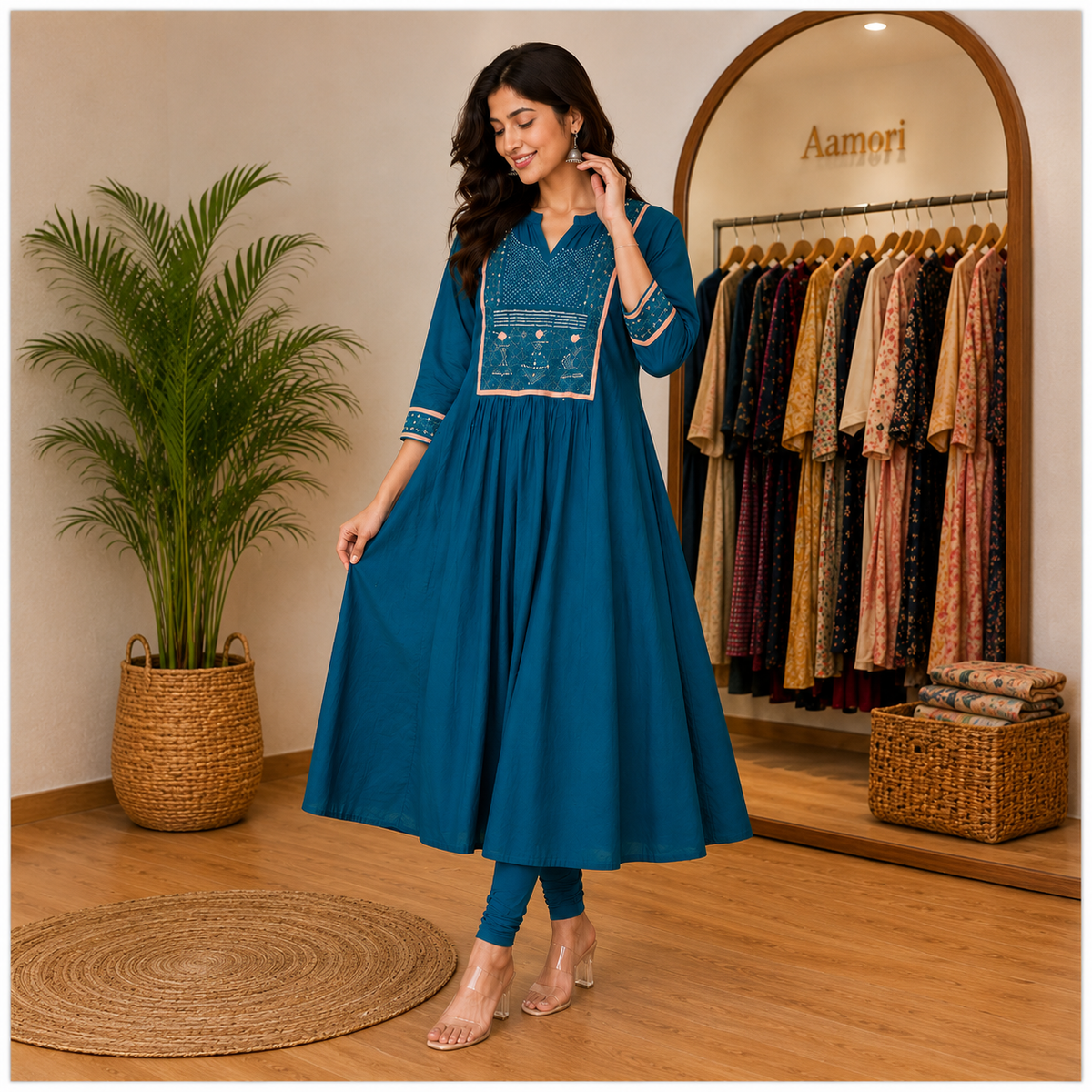 Aamori Noor Teal Embroidered Flared Kurti