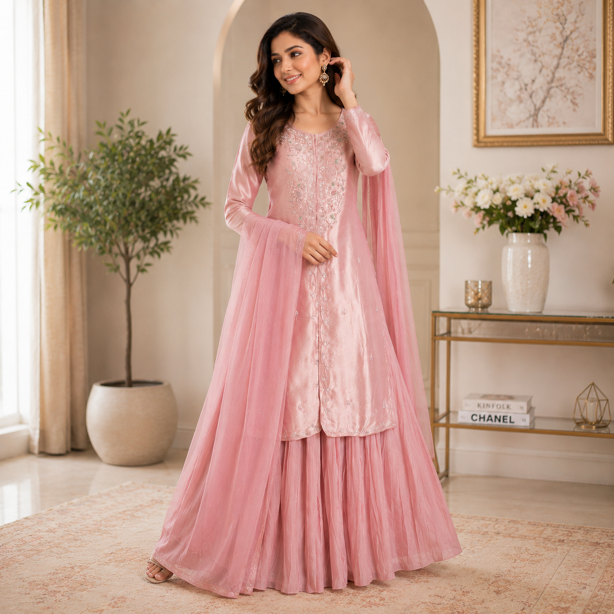 Premium Pink Embroidered Silk Kurta & Sharara Set