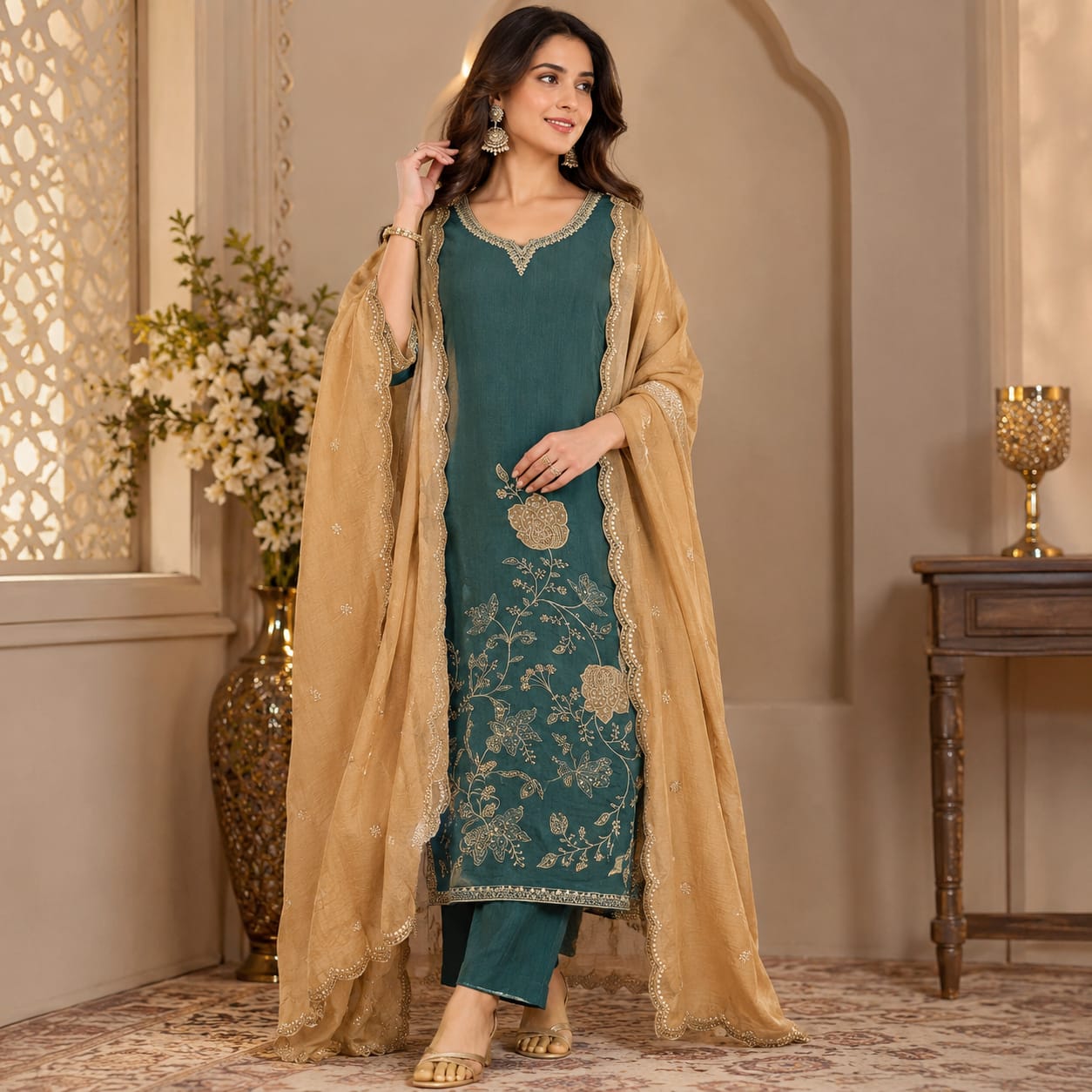 Teal Green Embroidered Suit Set