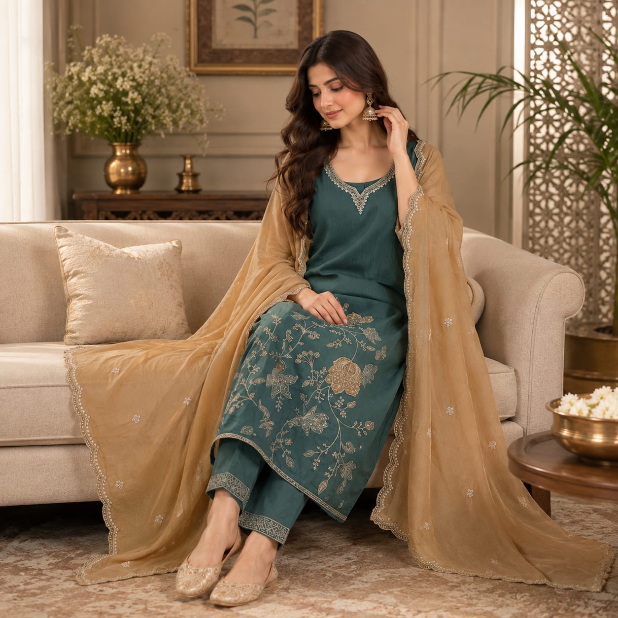 Teal Green Embroidered Suit Set