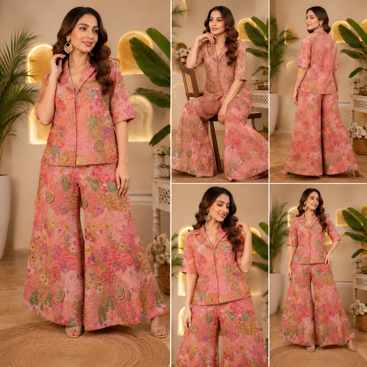 Peach Floral Handwork Co-Ord Set