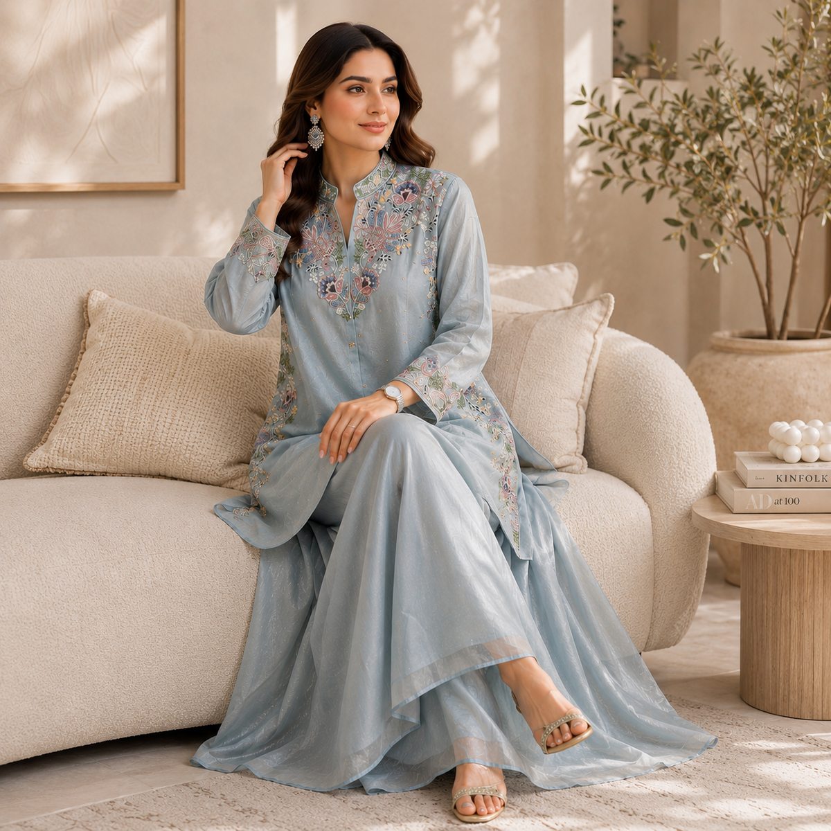 Embroidered Chinnon Palazzo Co-ord Set