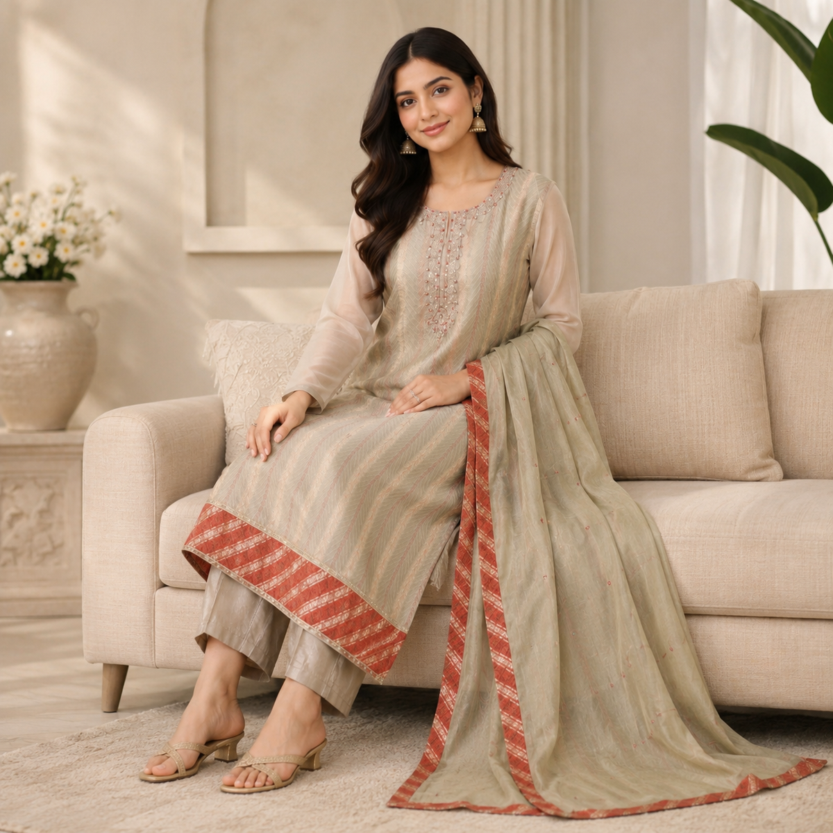 Cream Handwork Tissue Kurti Set