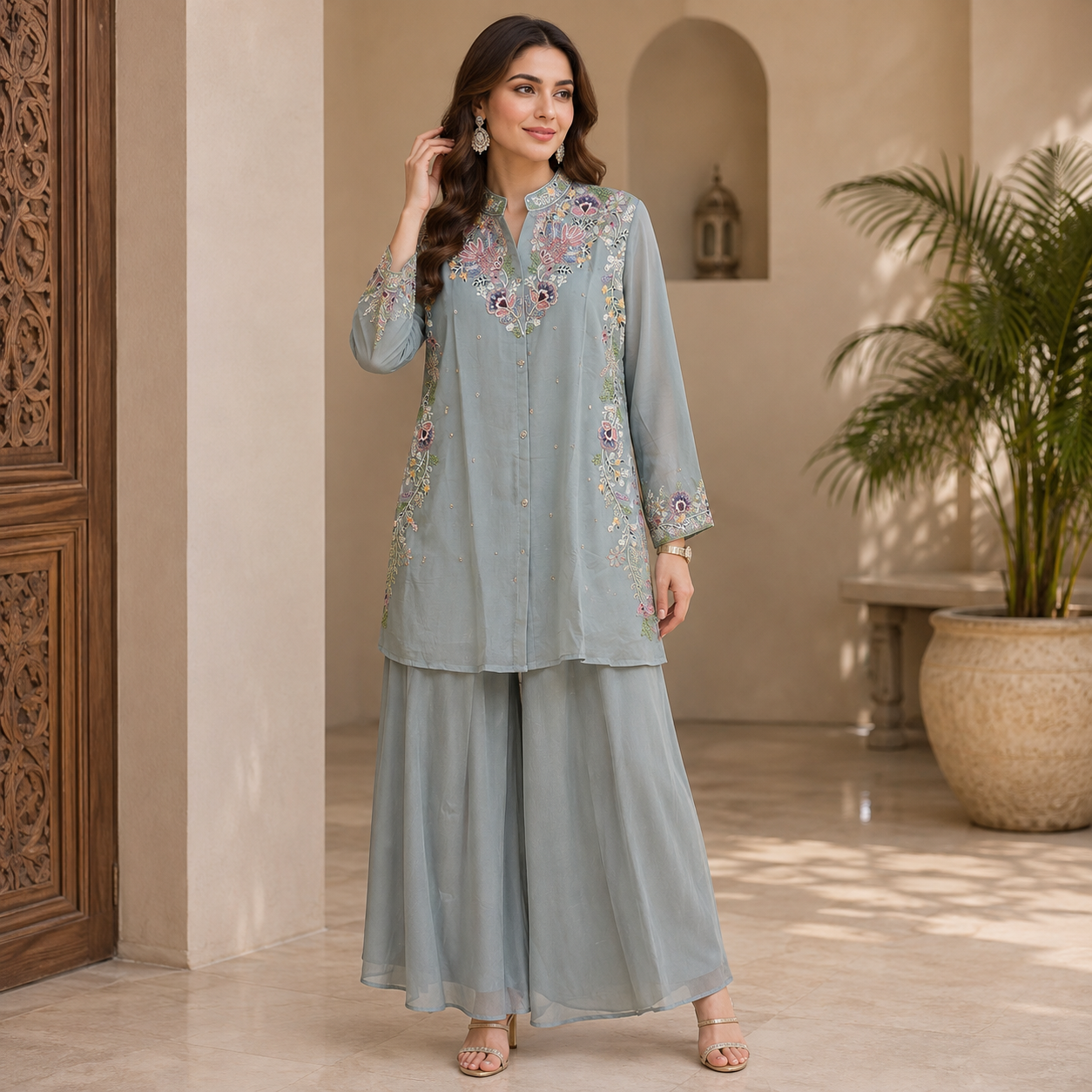 Embroidered Chinnon Palazzo Co-ord Set