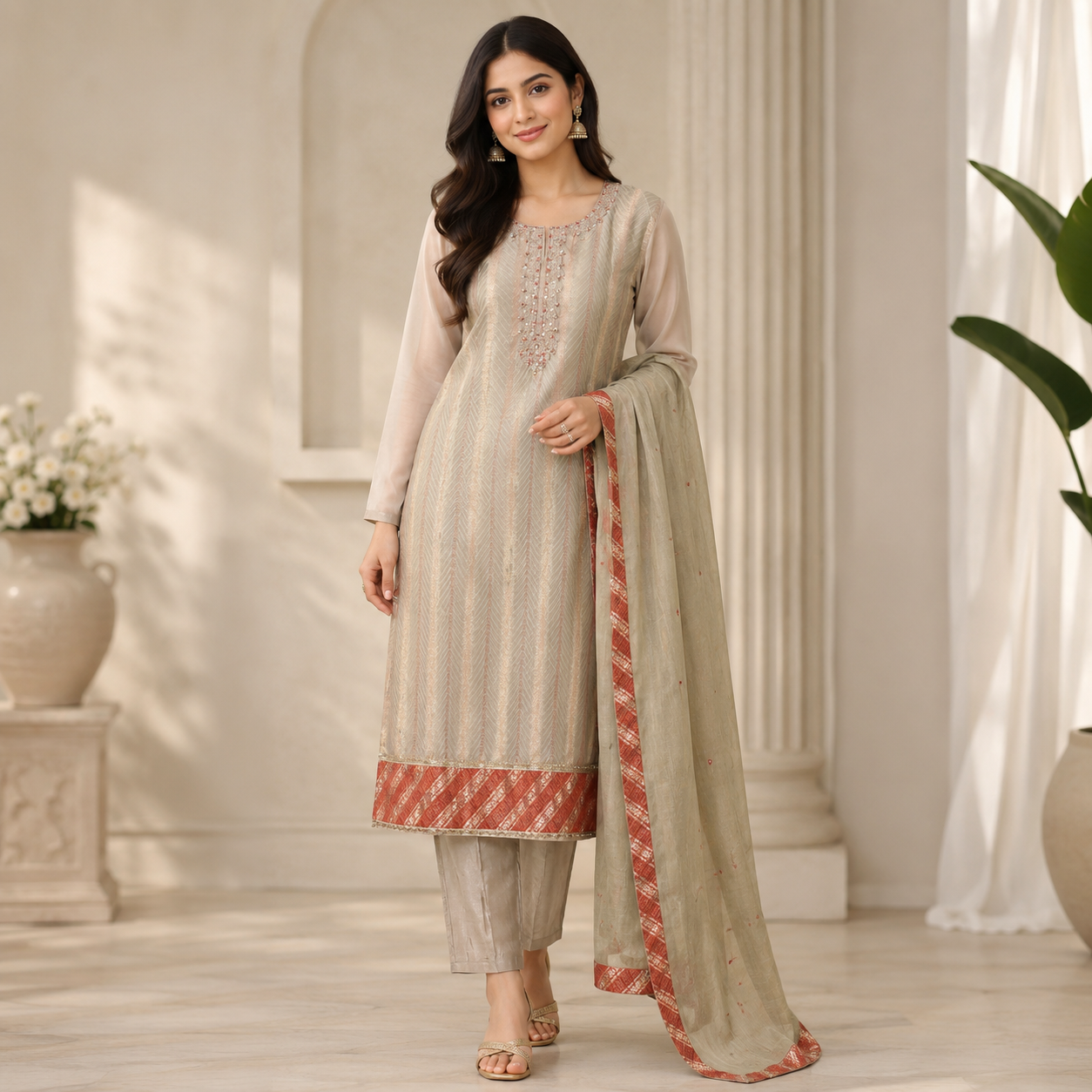 Cream Handwork Tissue Kurti Set