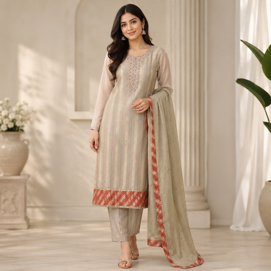 Cream Handwork Tissue Kurti Set