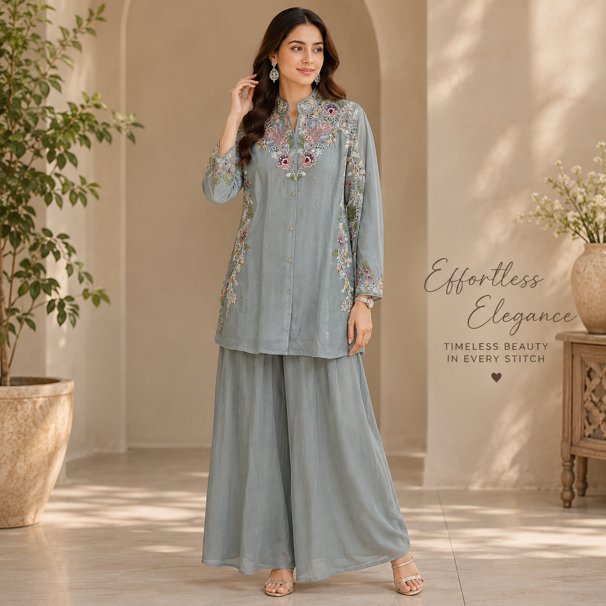 Embroidered Chinnon Palazzo Co-ord Set