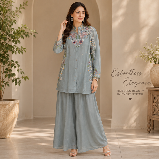 Embroidered Chinnon Palazzo Co-ord Set