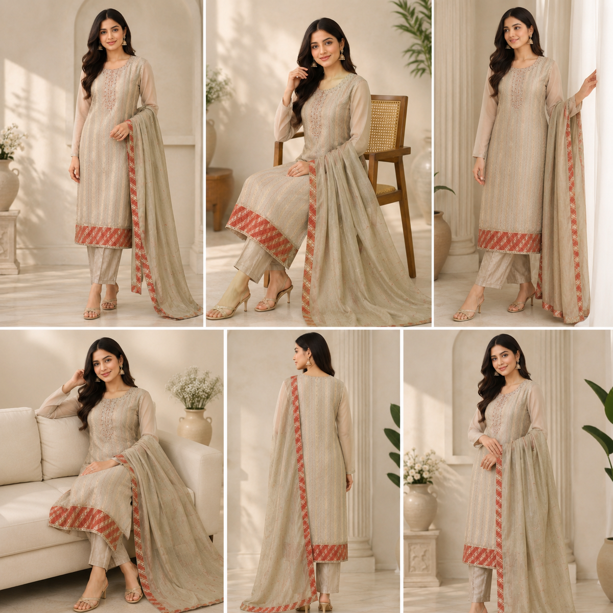 Cream Handwork Tissue Kurti Set
